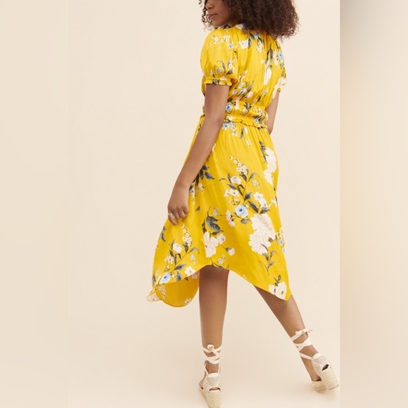 ANTHROPOLOGIE Current Air Marigold V Neck Japanese Floral Canary Midi Dress - Picture 3 of 10